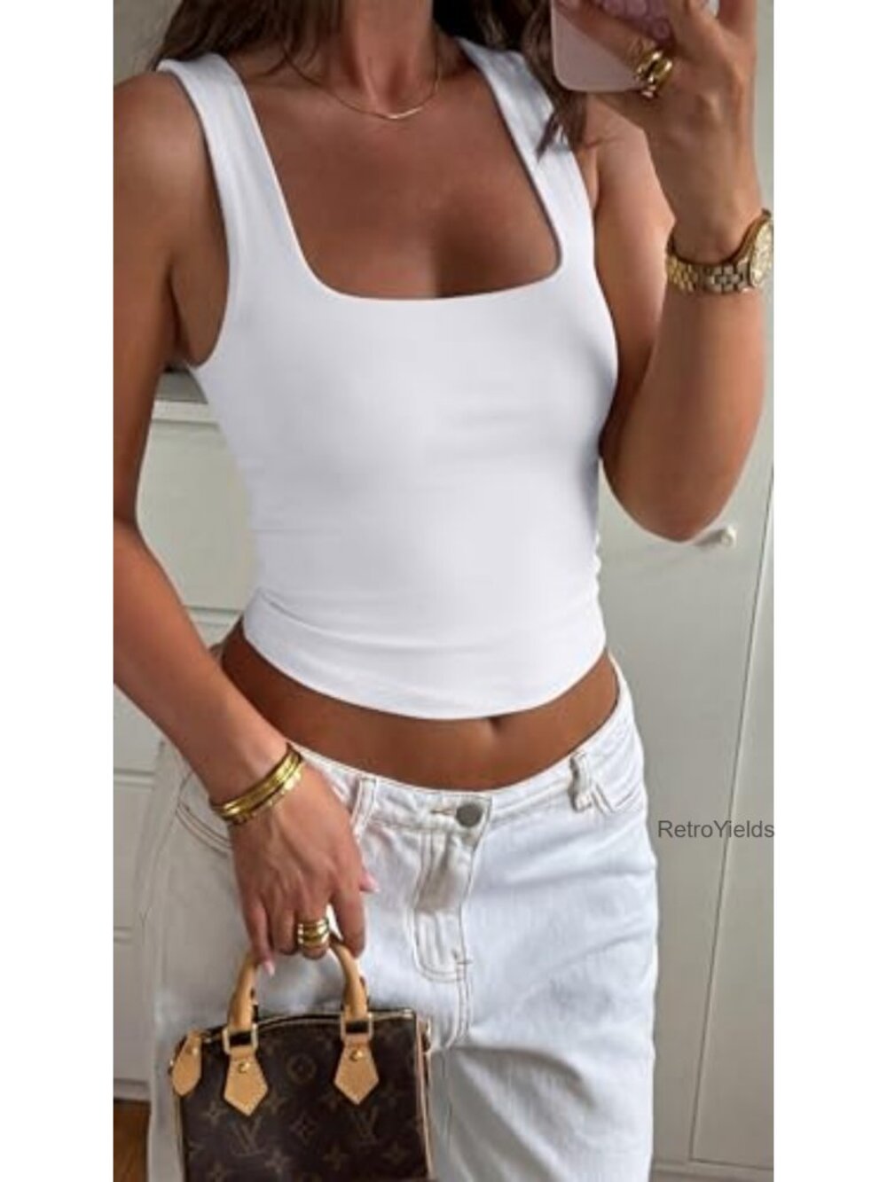 Sleeveless Square Neck Crop Tank Top Double Lined Fitted Summer Basic - Picture 4 of 6